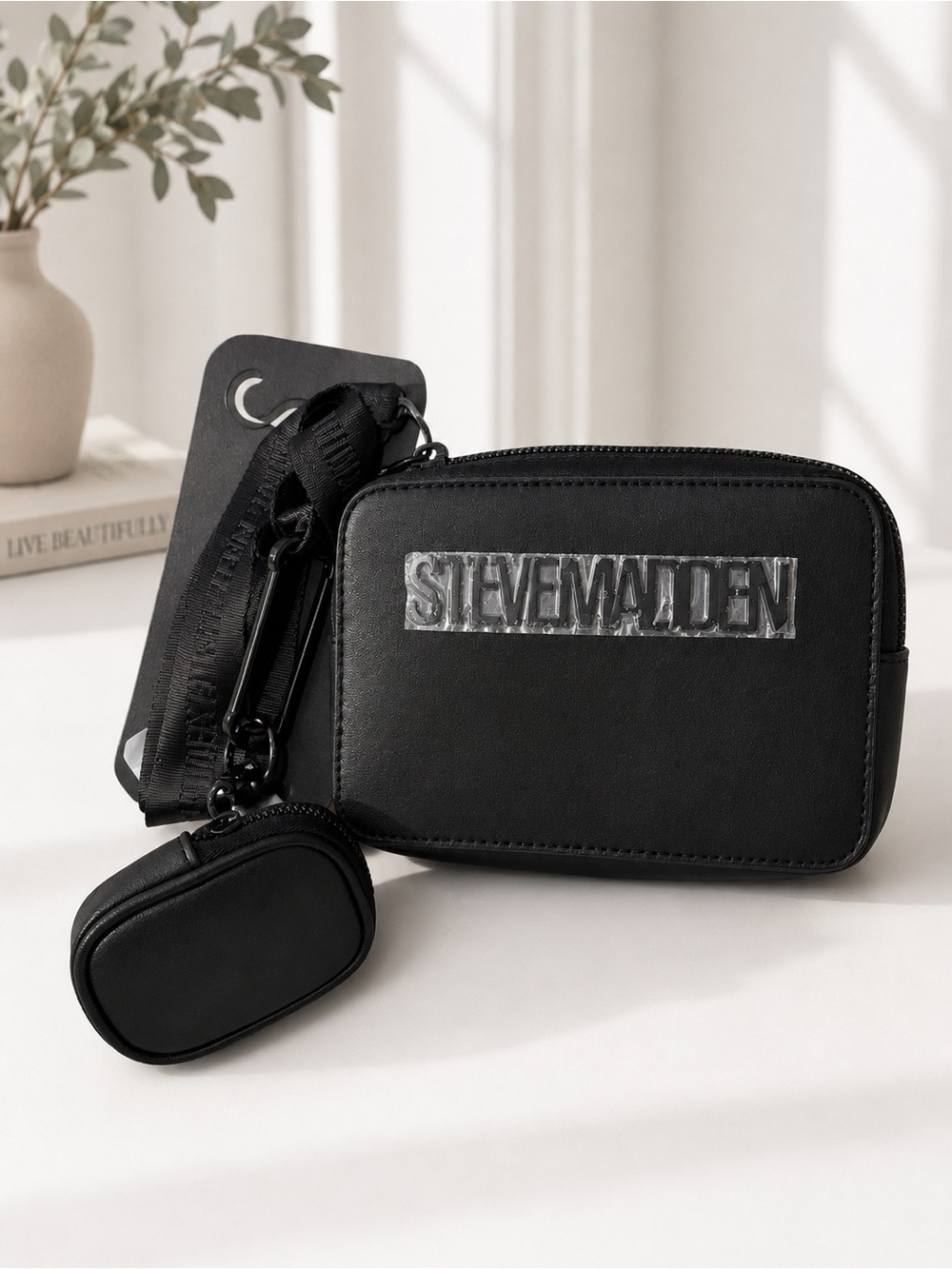 Steve Madden Black Logo Crossbody Belt Bag with Mini Pouch